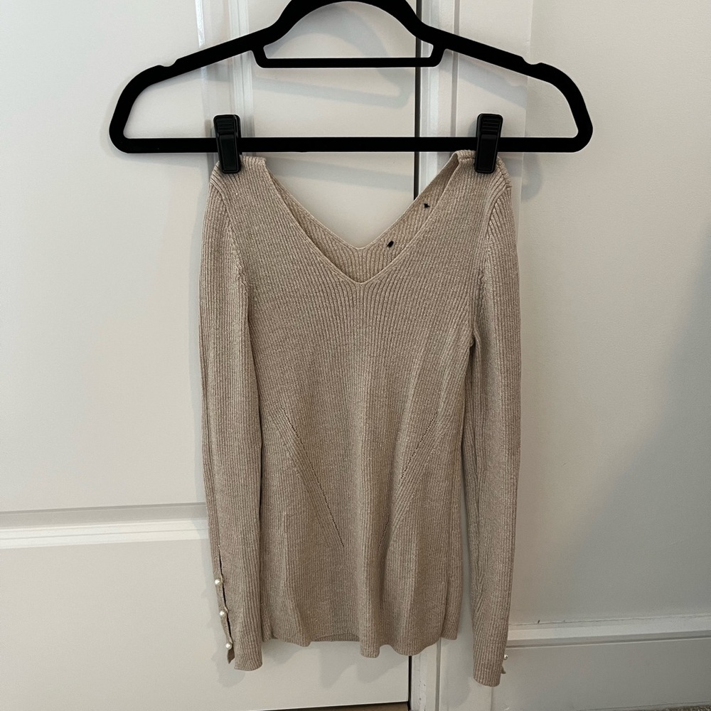 Tan Ribbed V-neck Longsleeve with Pearls on Sleeve